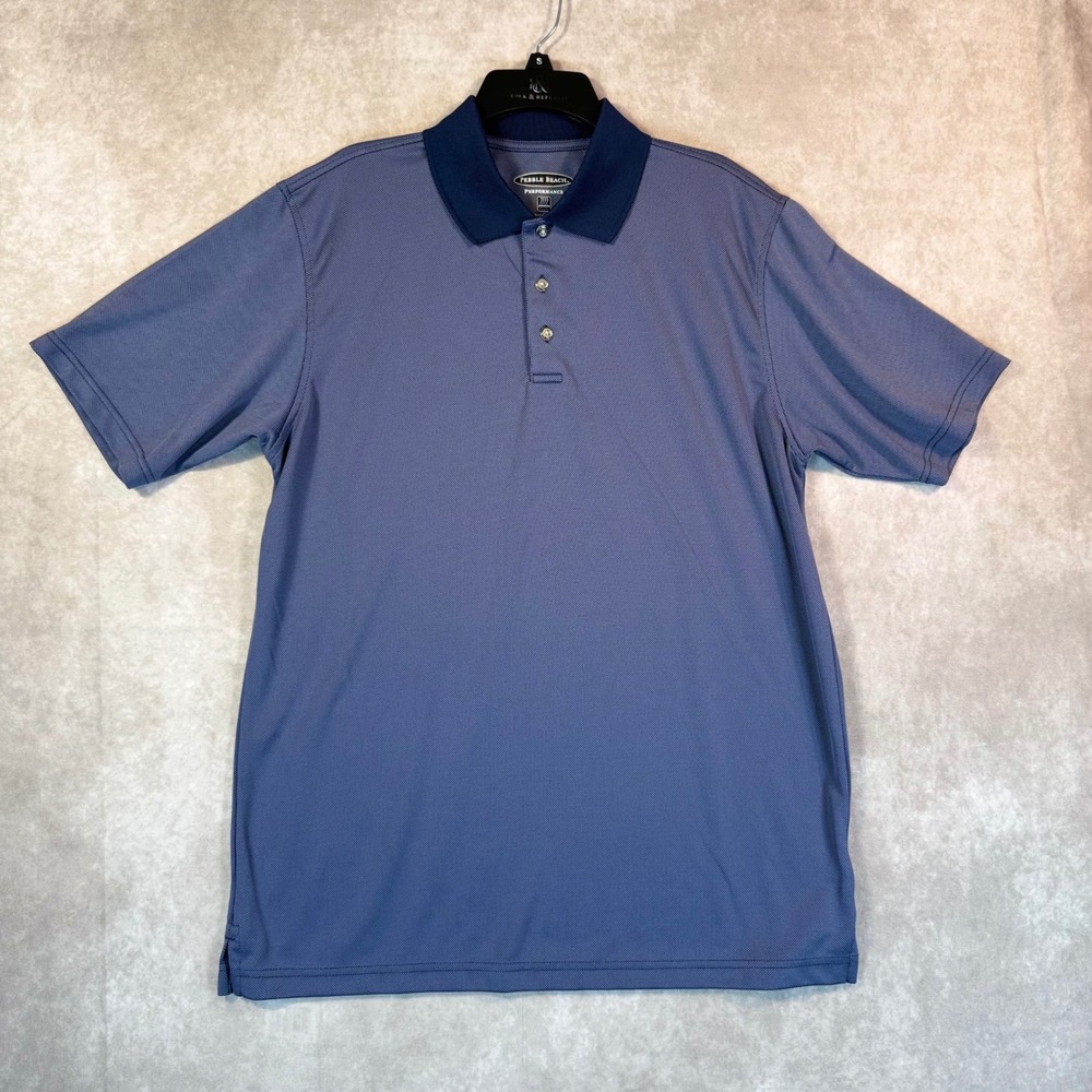 Pebble Beach Performance Polo Men Large Blue Solid Short Sleeve Golf Shirt